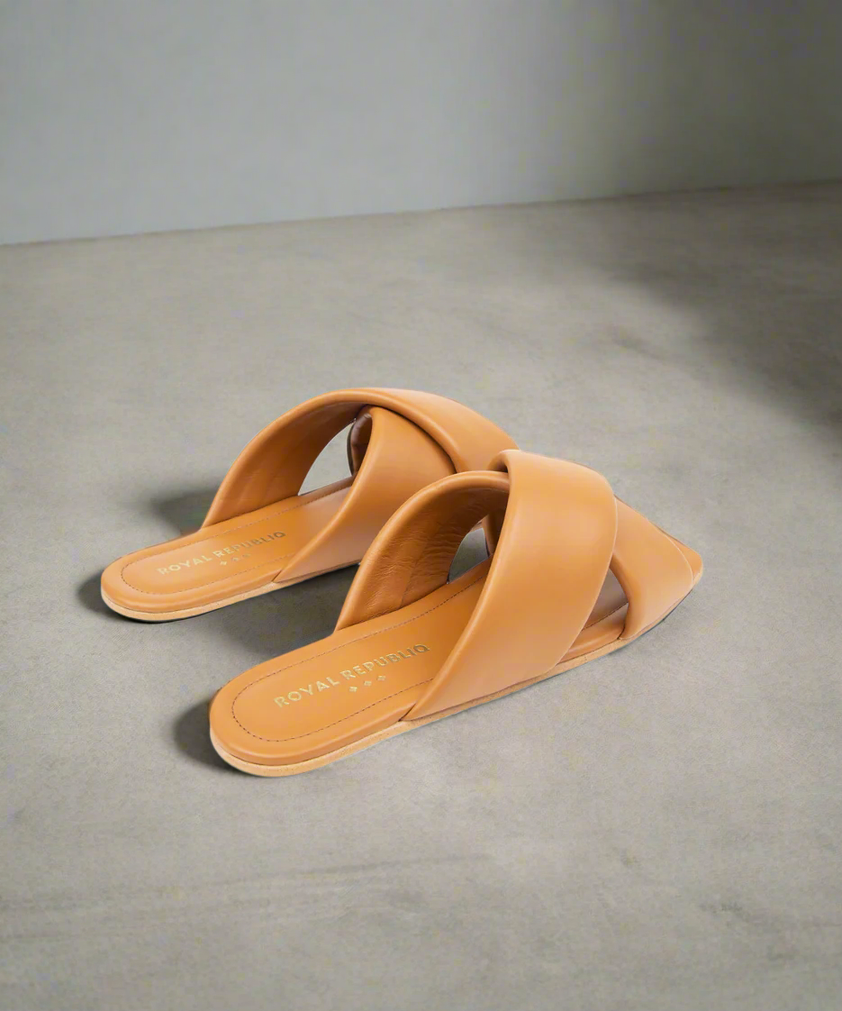 Pair of tan sandals on a grey background