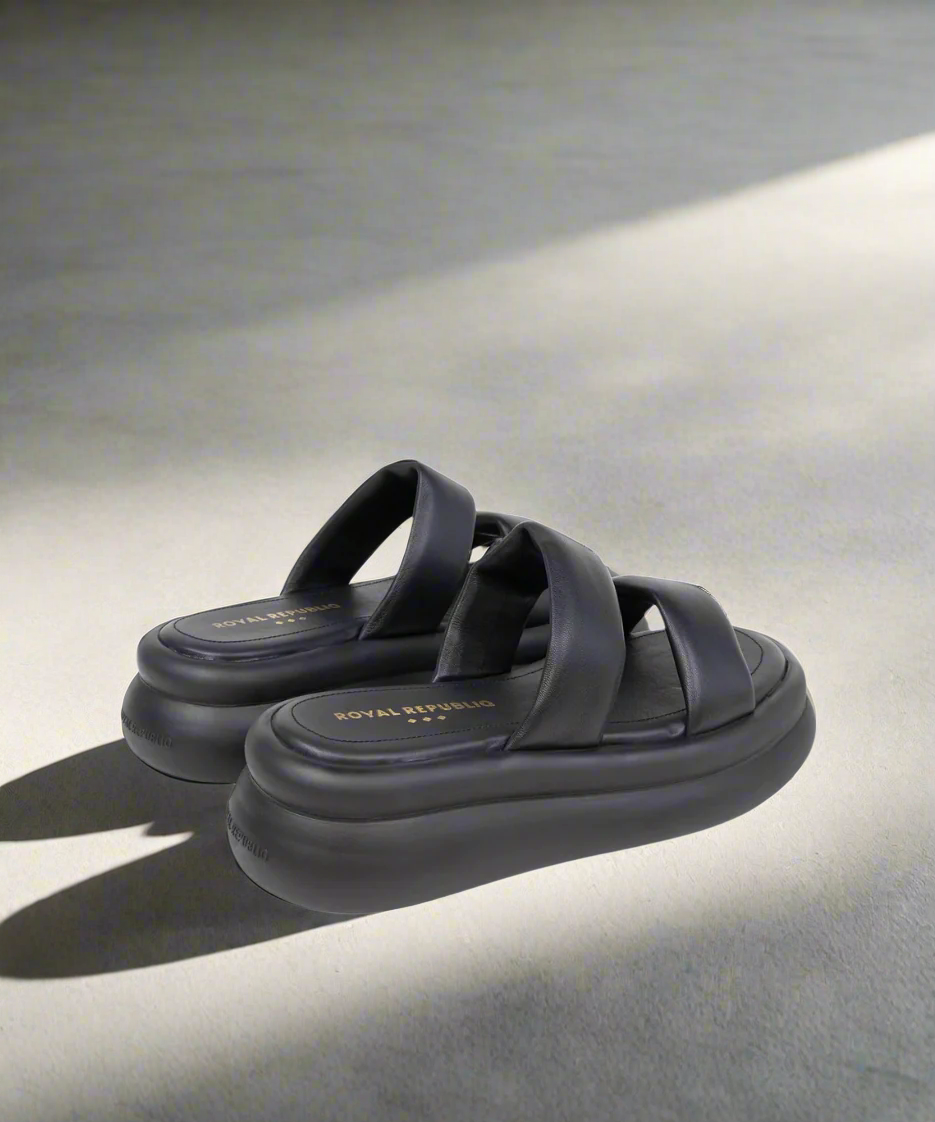 Black sandals with a brand logo on a gray background