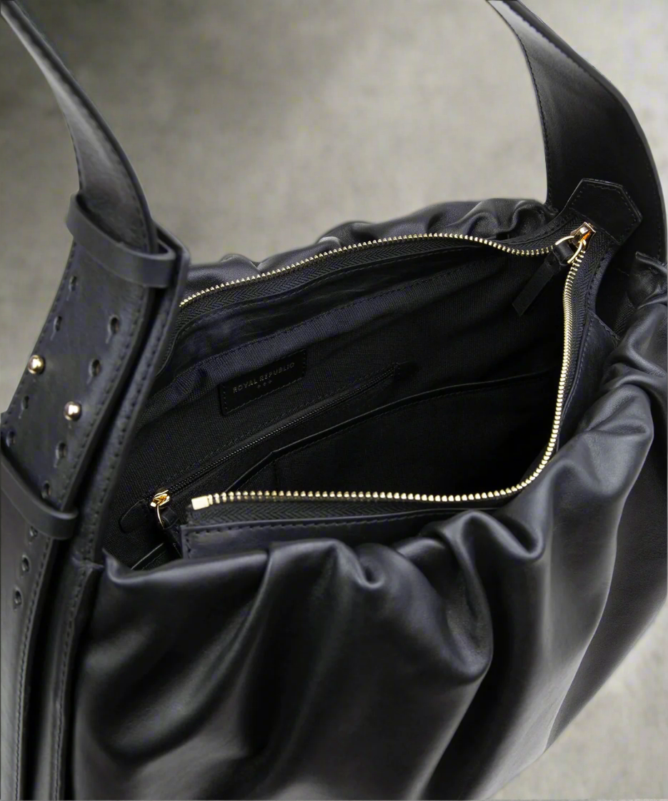 Black handbag with gold zipper on a white background