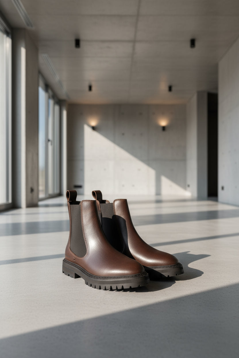 Pair of brown leather Chelsea boots on a light gray background