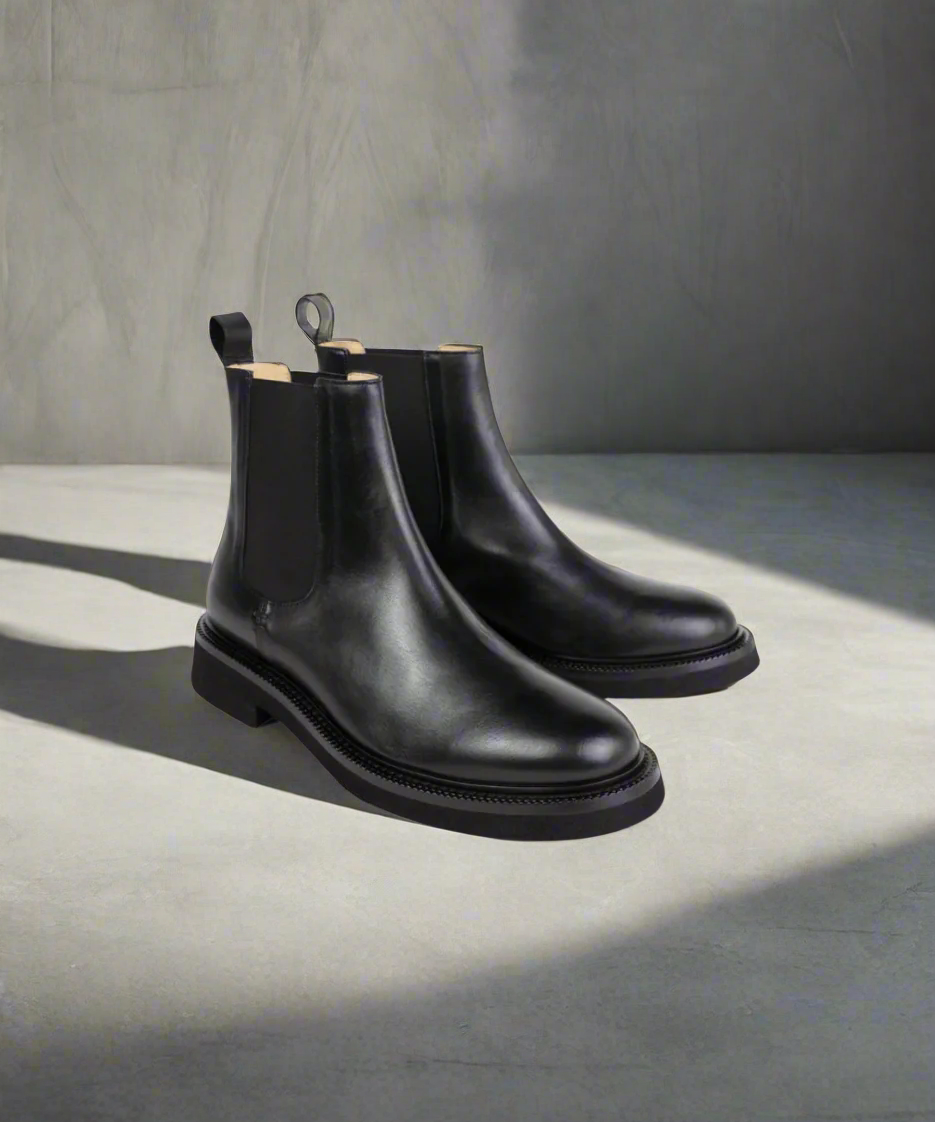 Pair of black leather Chelsea boots on a light surface with a neutral background
