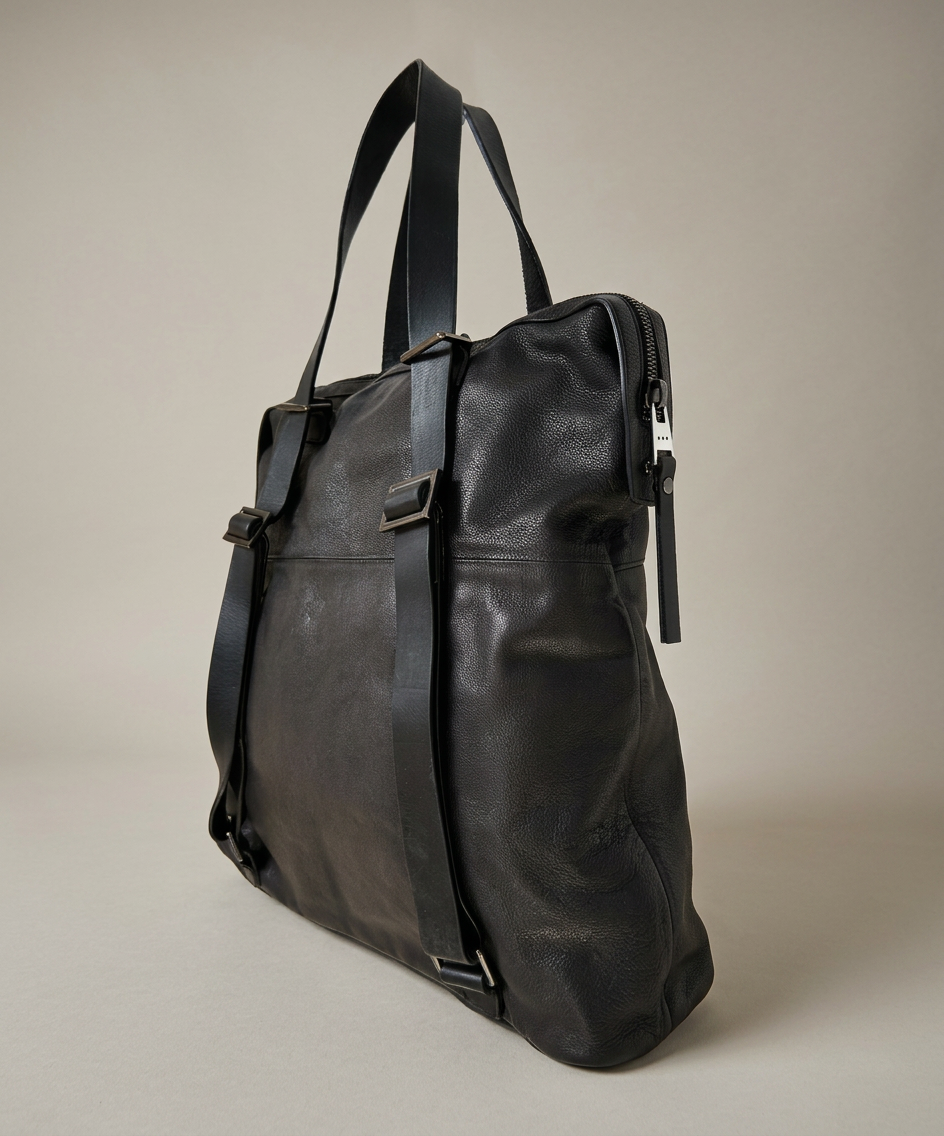 Black leather backpack on a beige background