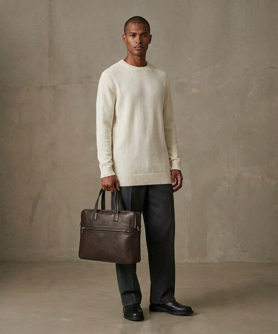 Man holding a brown Royal RepubliQ leather briefcase against a plain background