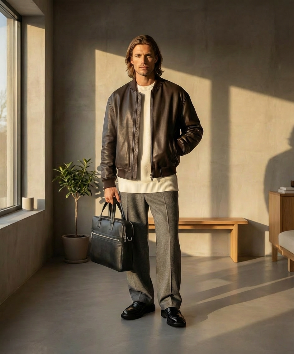 Man in a leather jacket holding a Royal RepubliQ briefcase in a sunlit room.