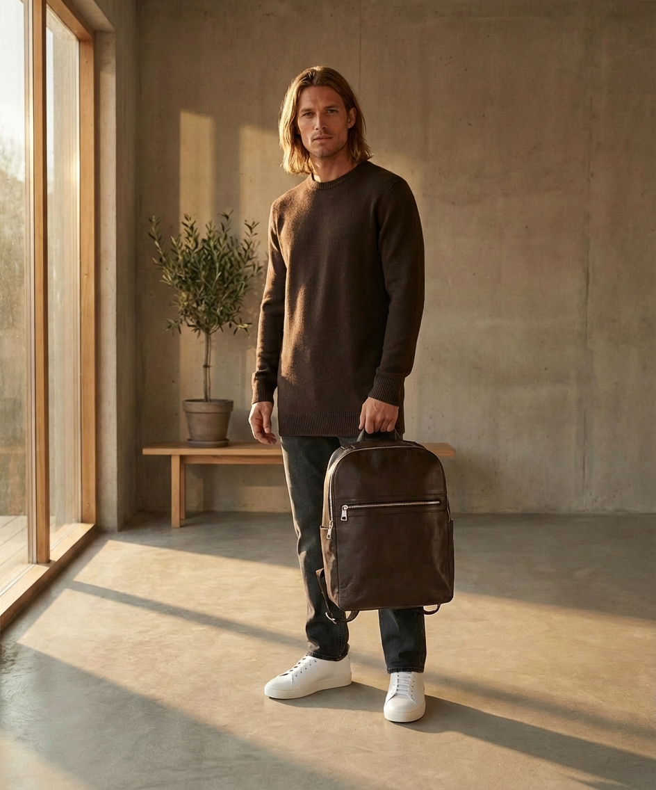 Man holding a brown Royal RepubliQ leather backpack in a room with large windows and a plant.