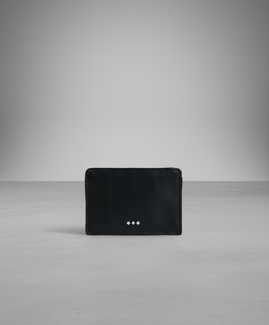 Black leather cardholder with brand logo on a gray background