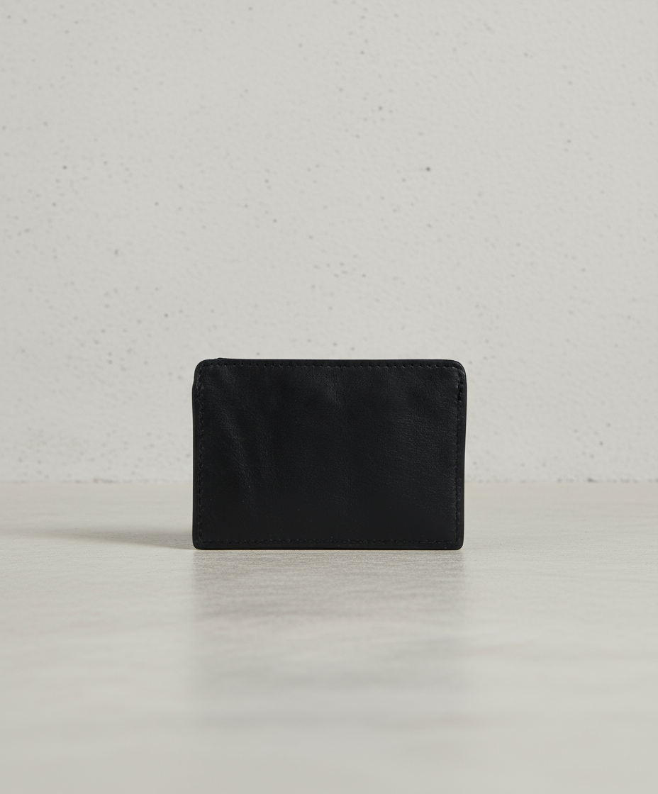Black leather cardholder on a gray background