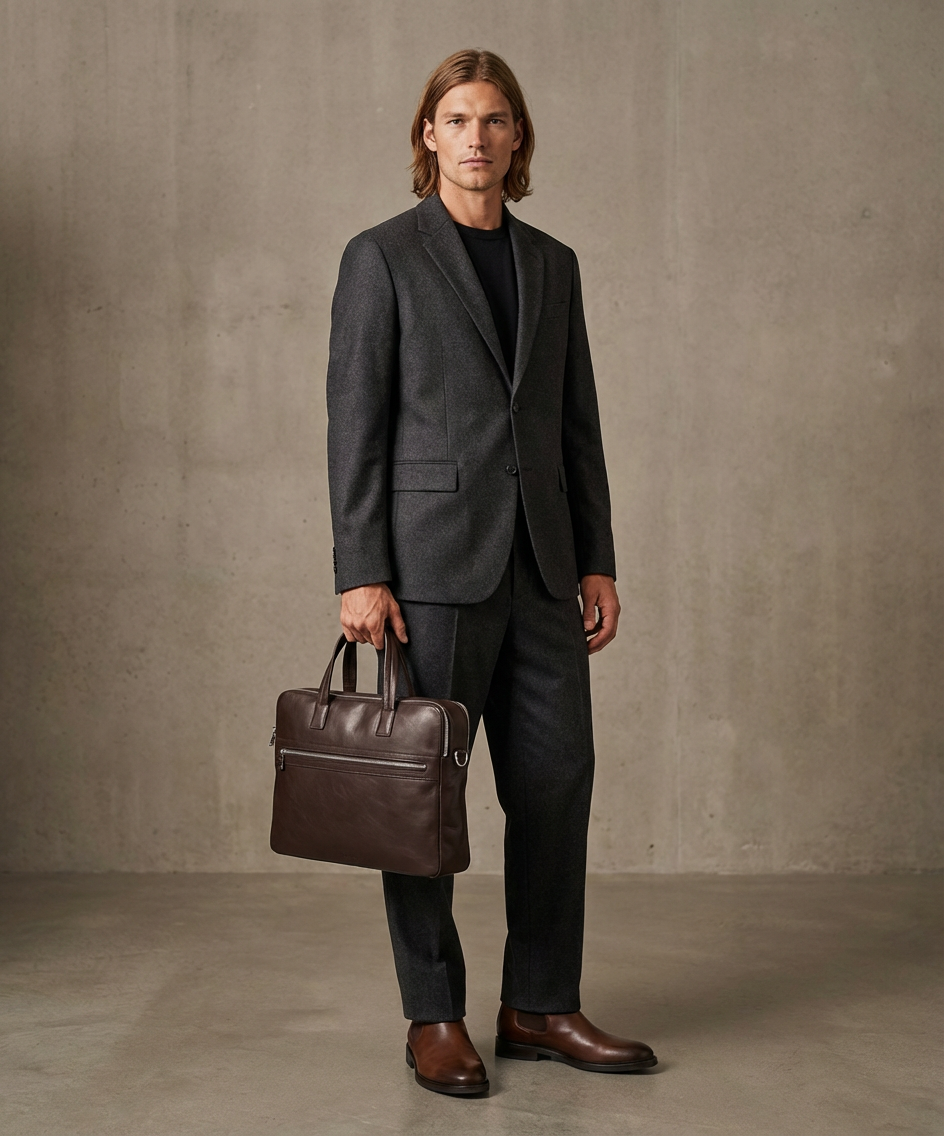 Man in a gray suit holding a brown Royal RepubliQ leather briefcase against a plain background