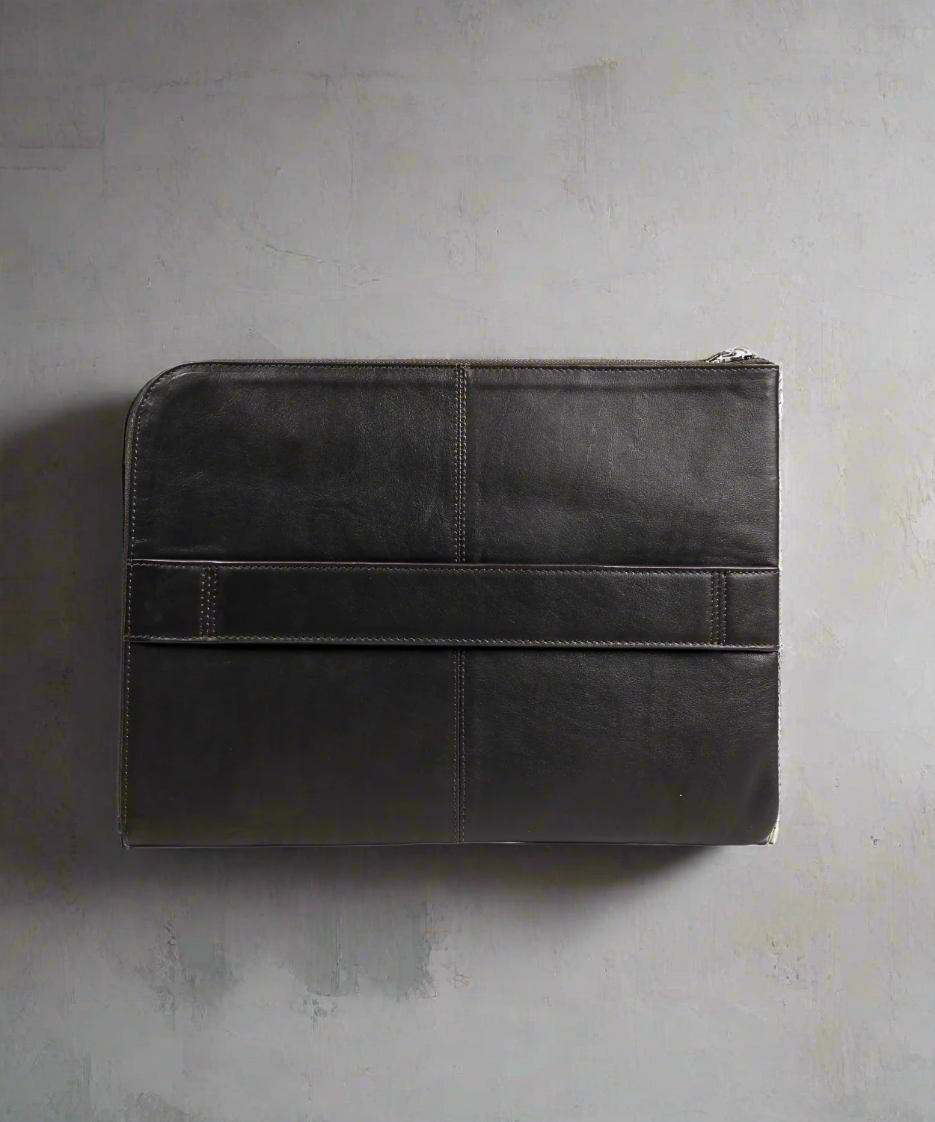 Black leather laptop sleeve 13" on a gray background