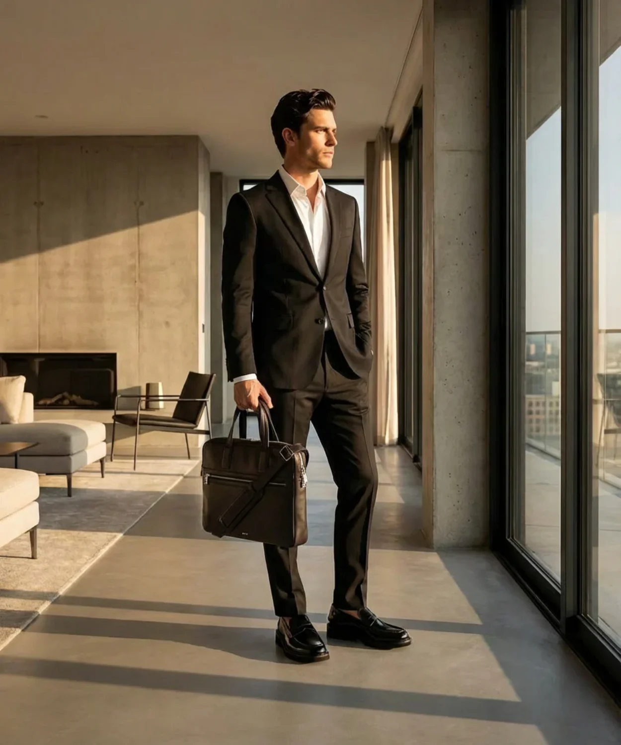 Man in a suit holding a Royal RepubliQ briefcase in a modern living room.