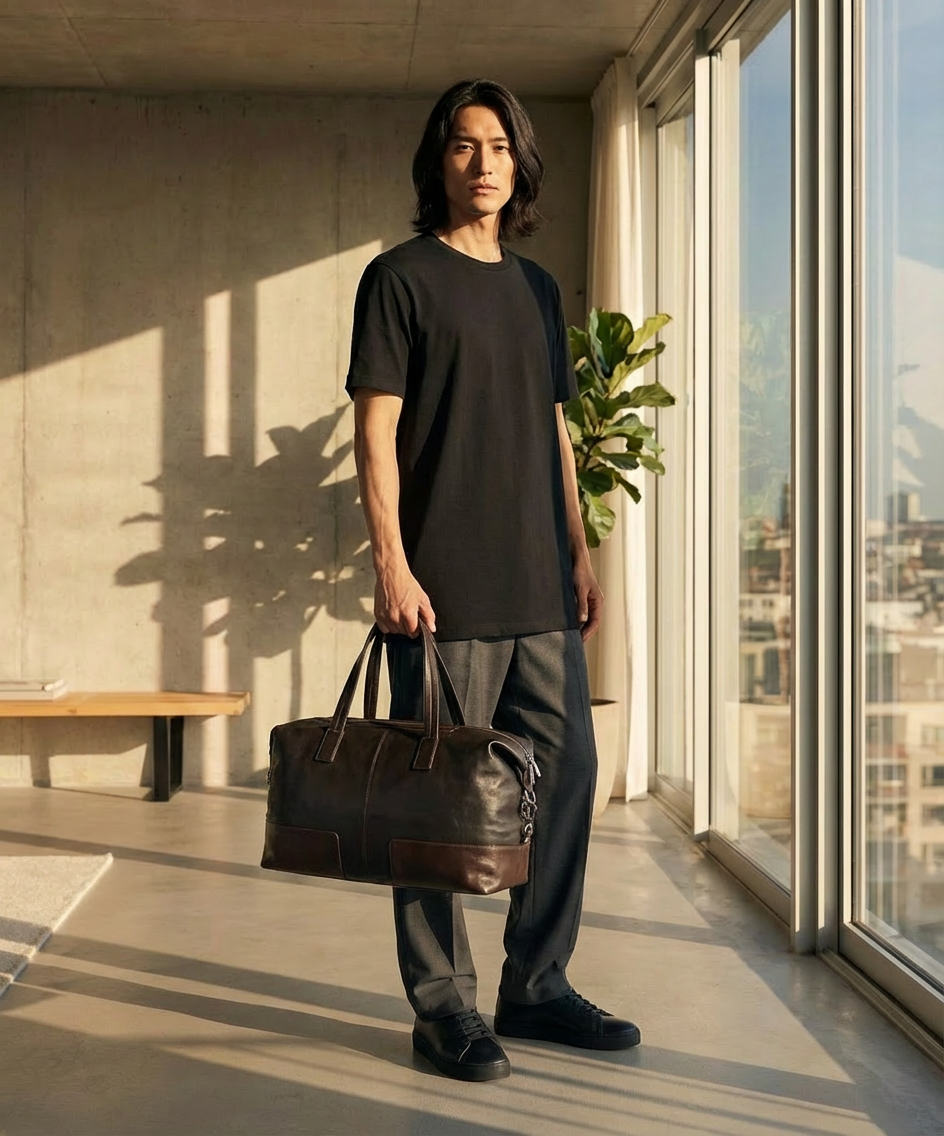 Man holding a brown Royal RepubliQ leather bag in an indoor setting with large windows.