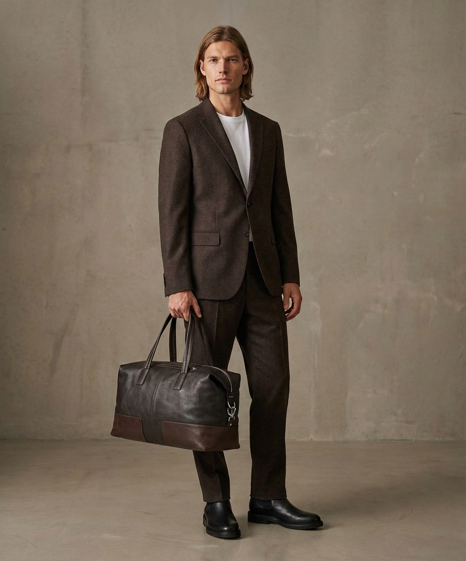 Man in a brown suit holding a brown Royal RepubliQ leather bag against a plain background