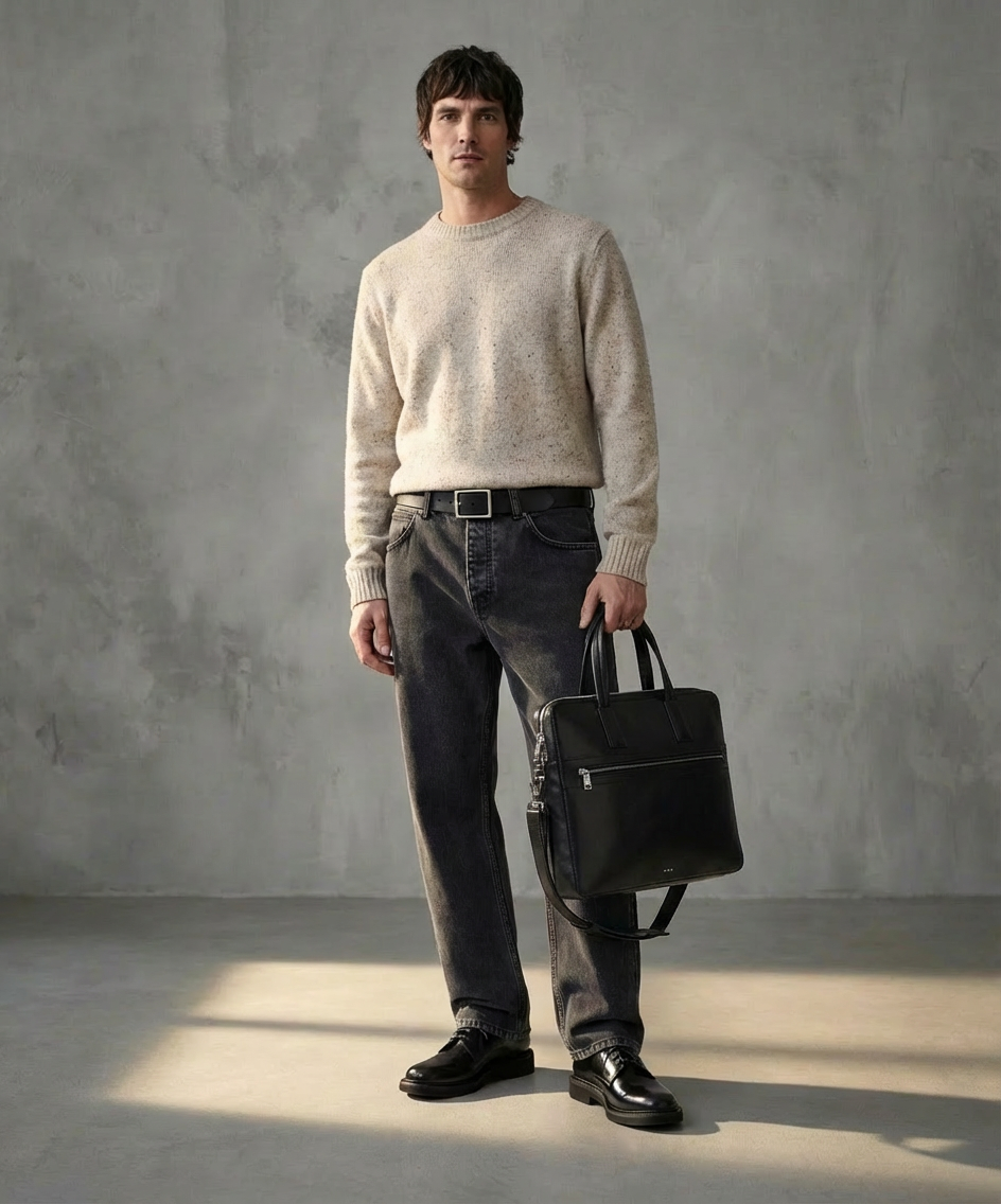 Man holding a black Royal republiQ briefcase against a gray concrete wall