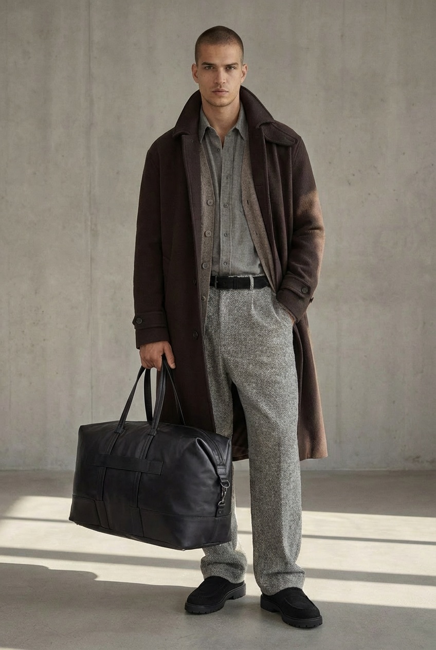 Man wearing a long brown coat and gray pants, holding a black Royal RepubliQ leather bag against a neutral background.