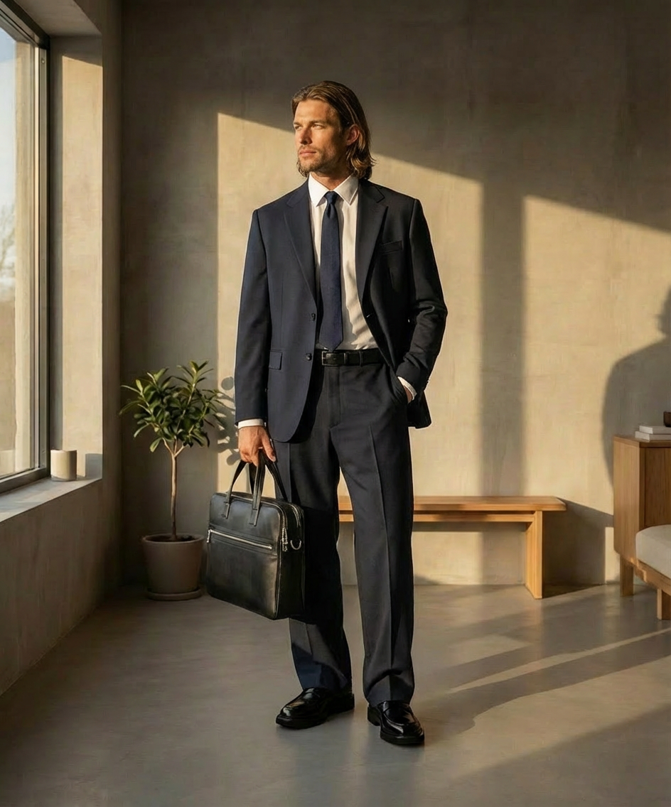 Man in a dark suit holding a Royal RepubliQ briefcase in a modern room with a window and plant.