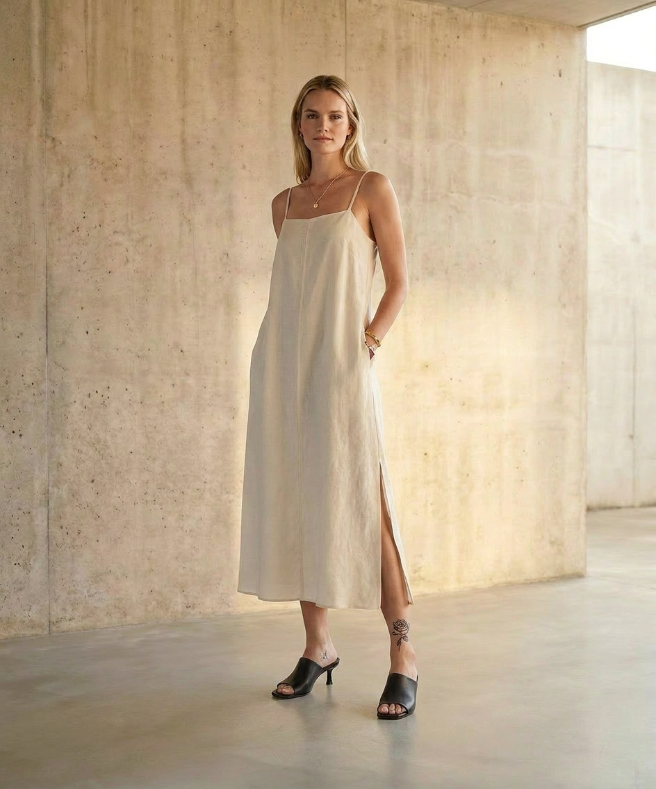 Woman in a light-colored dress standing against a neutral wall and wearing Atomic Mule Black