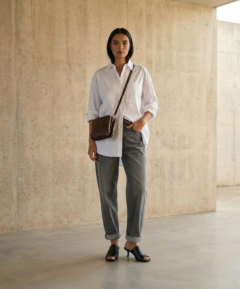Woman wearing a white shirt and gray pants holding a brown bag in a minimalistic setting and wearing Atomic Mule Black