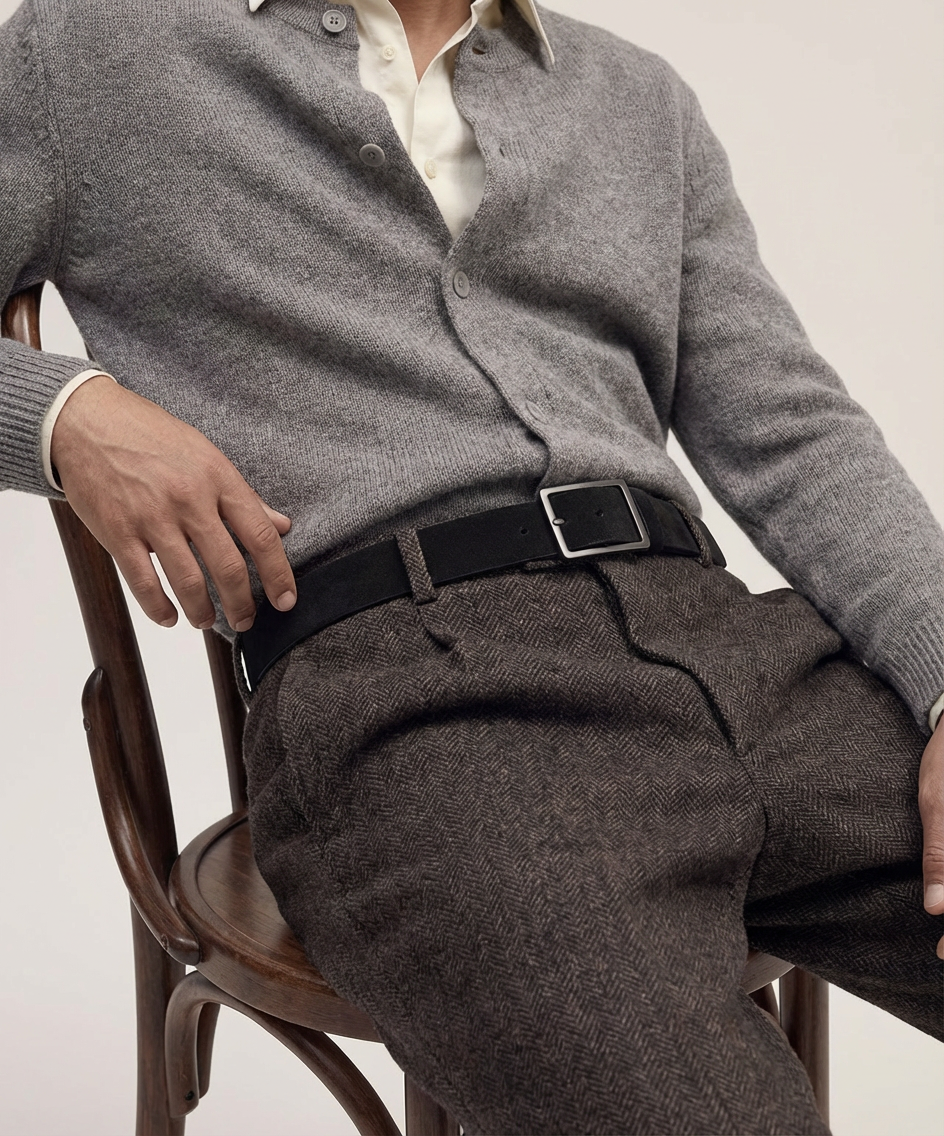 Person wearing a gray cardigan, white shirt, and brown pants and black suede belt from Royal RepubliQ, sitting on a chair.