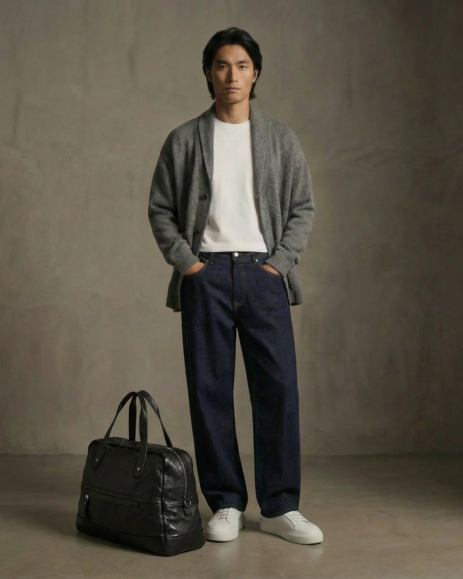 Man wearing a gray cardigan, white shirt, navy pants, and white shoes standing next to a black Royal RepubliQ leather bag against a plain background.