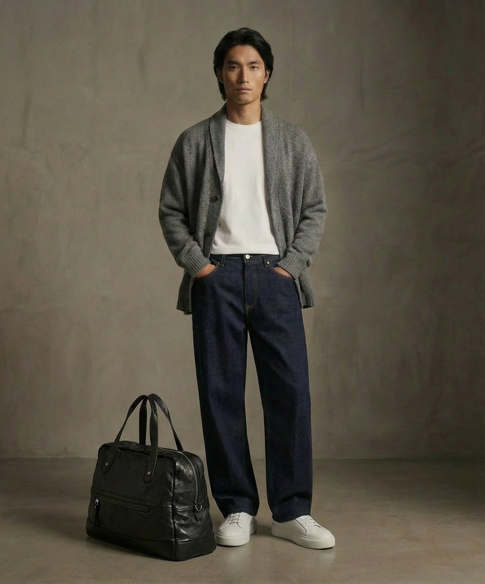 Man wearing a gray cardigan, white shirt, navy pants, and white shoes standing next to a black Royal RepubliQ leather bag against a plain background.