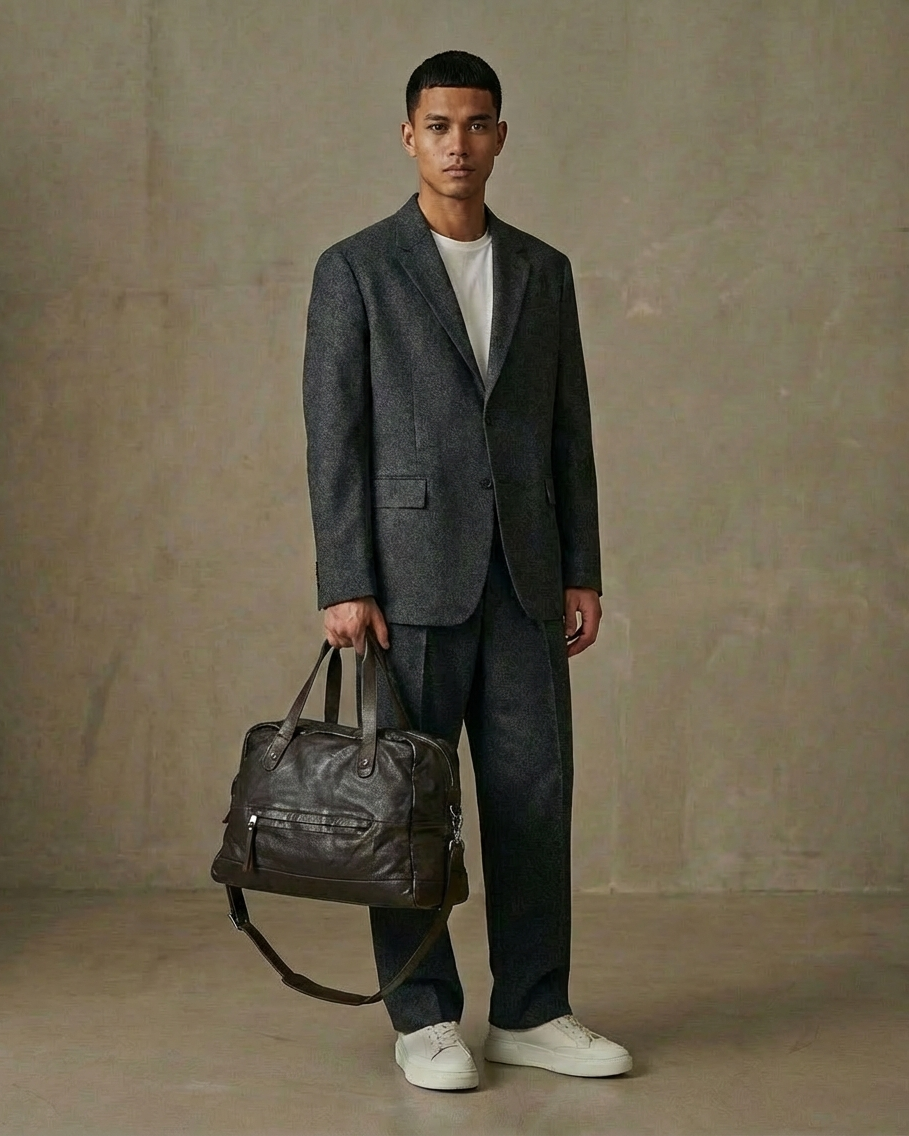 Man in a gray suit holding a leather bag against a beige background