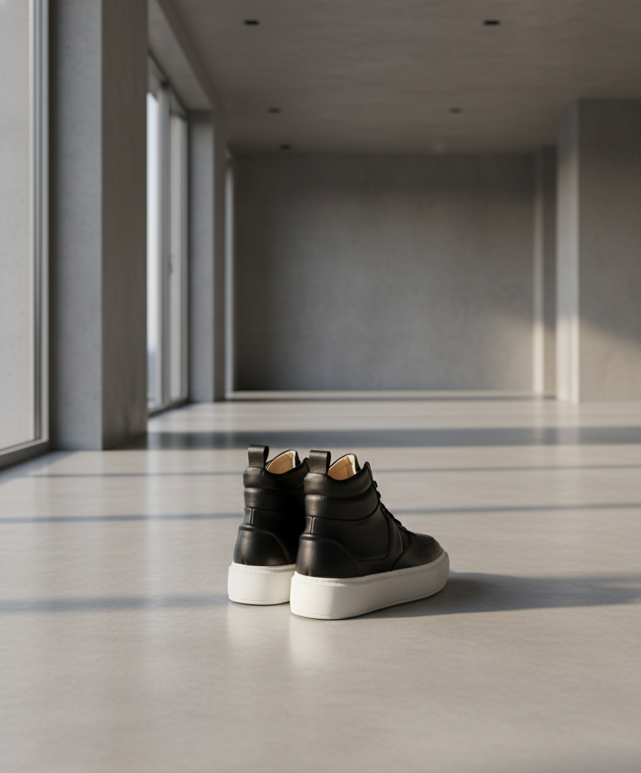 Black high-top sneakers on a gray background