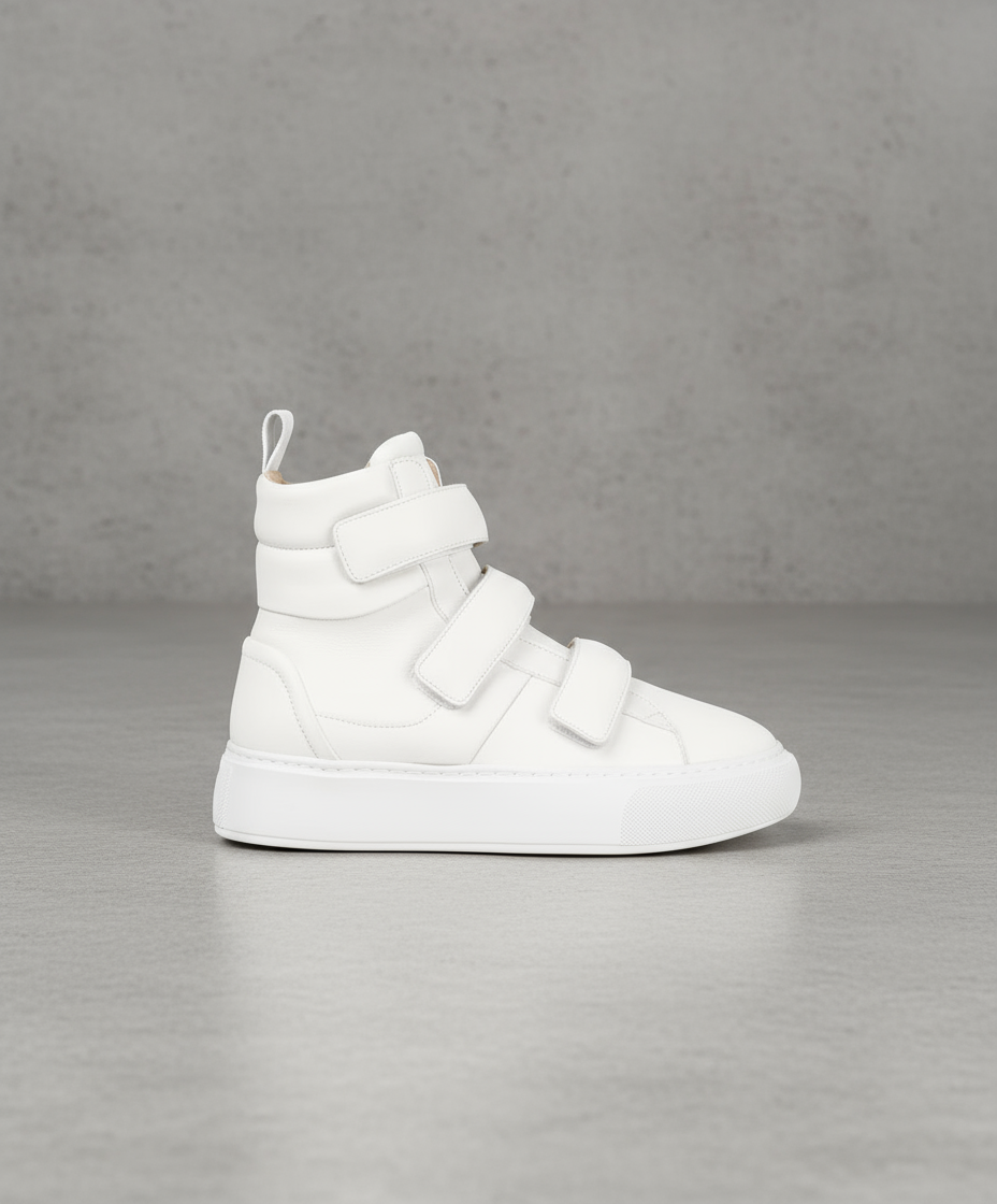 White Royal RepubliQ high-top sneakers on a gray background