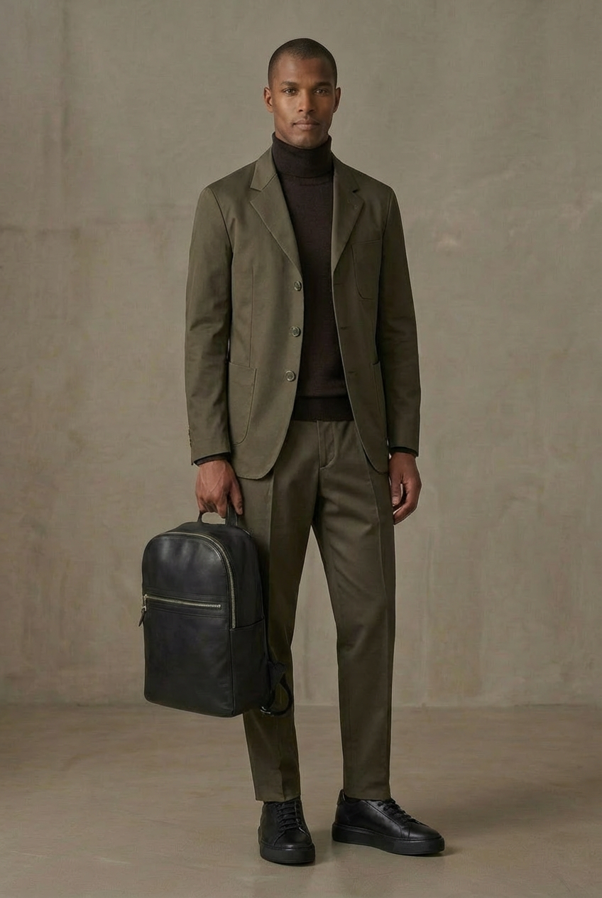 Man in a green suit holding a black Royal RepubliQ leather briefcase, and wearing black Royal RepubliQ Sneakers against a plain background