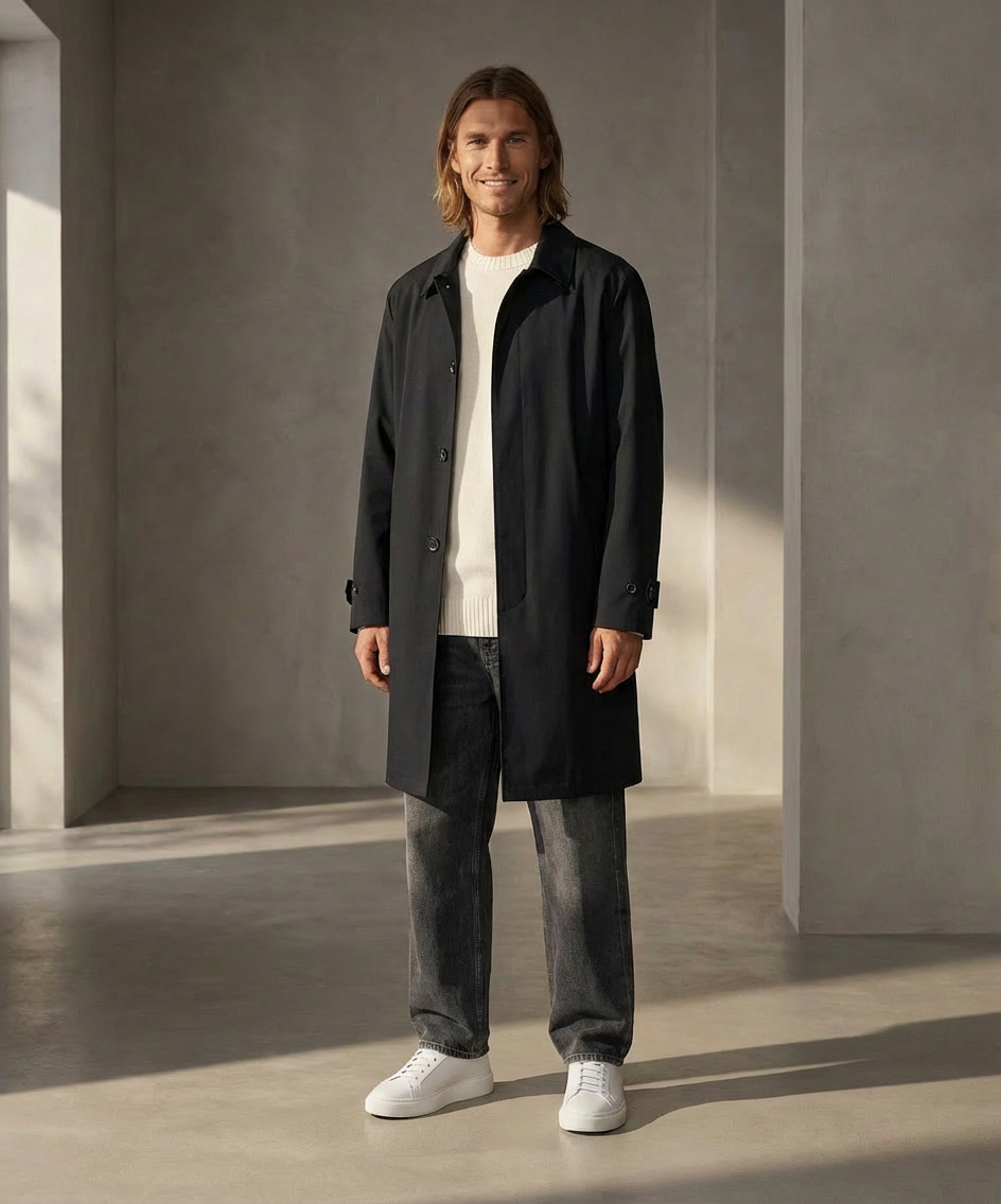 Man wearing a black coat, white shirt, gray pants, and white Royal RepubliQ sneakers in a minimalistic setting.