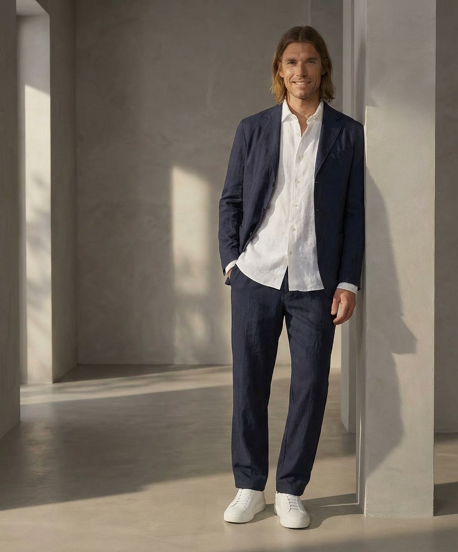 Man wearing a navy suit with a white shirt, and white Royal RepubliQ leather sneakers in a minimalistic room.