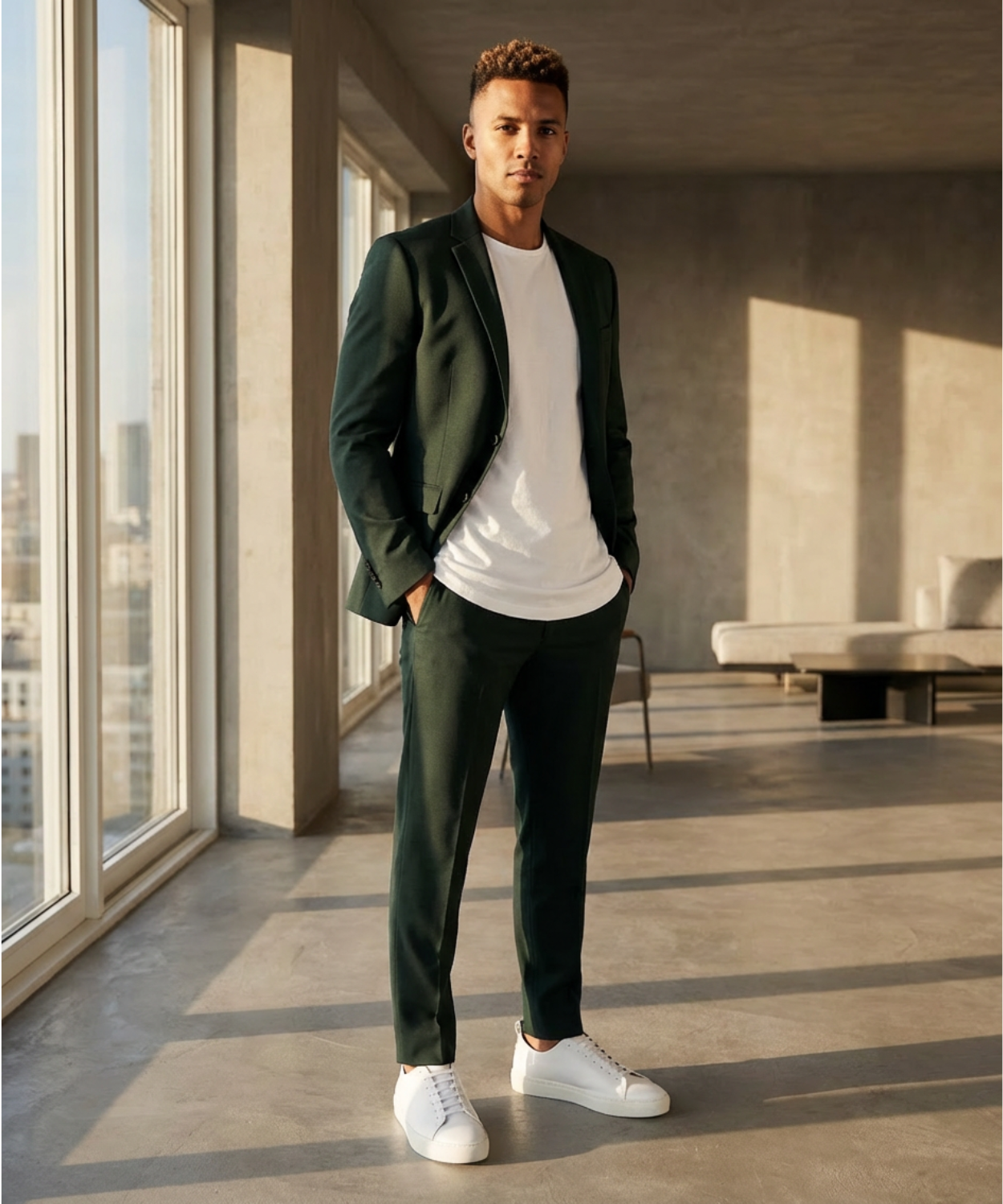 Man in a green blazer and green pants, wearing white Royal RepubliQ leather sneakers, standing in a modern room with large windows.