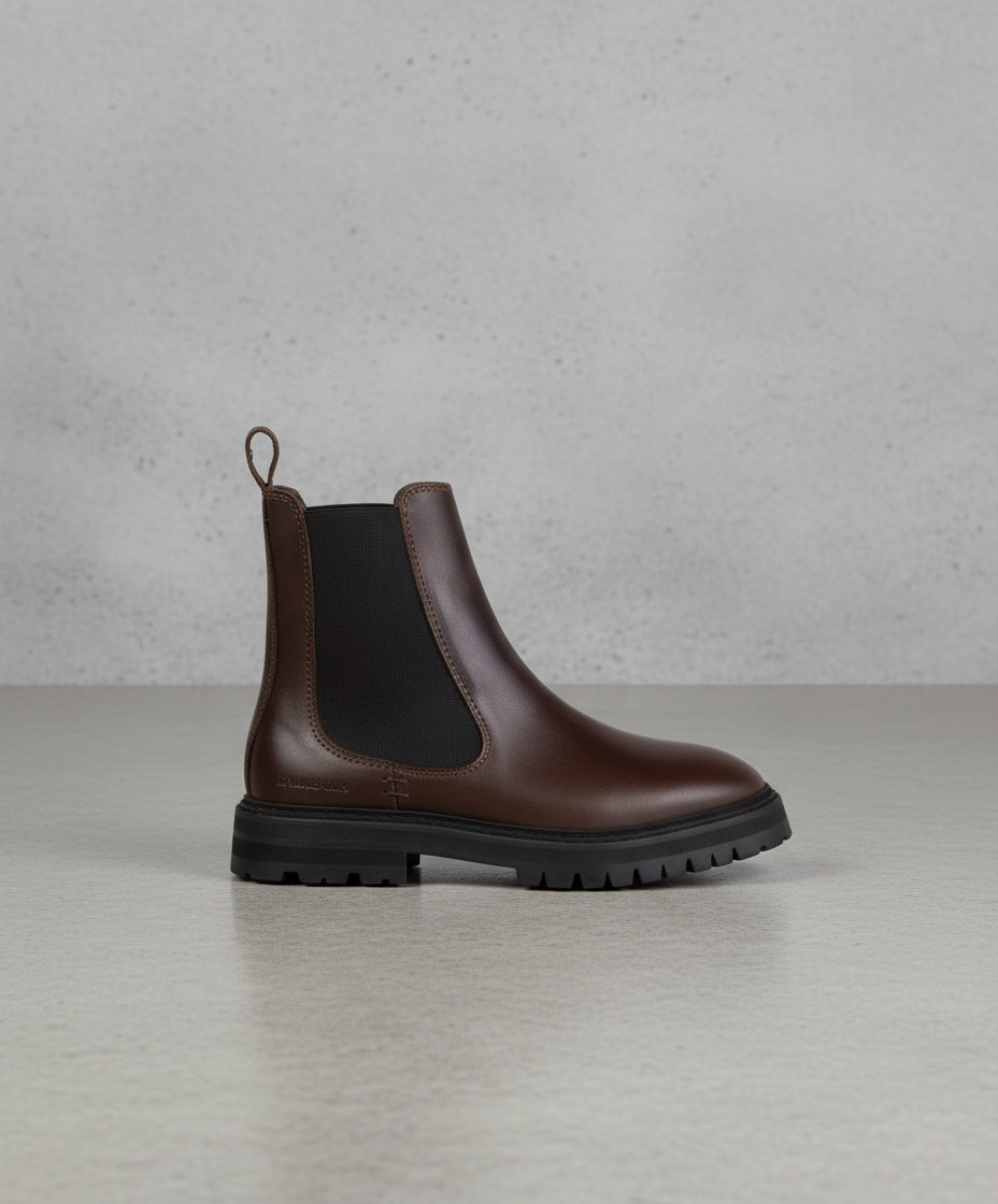 Brown Chelsea boot with black sole on a white background