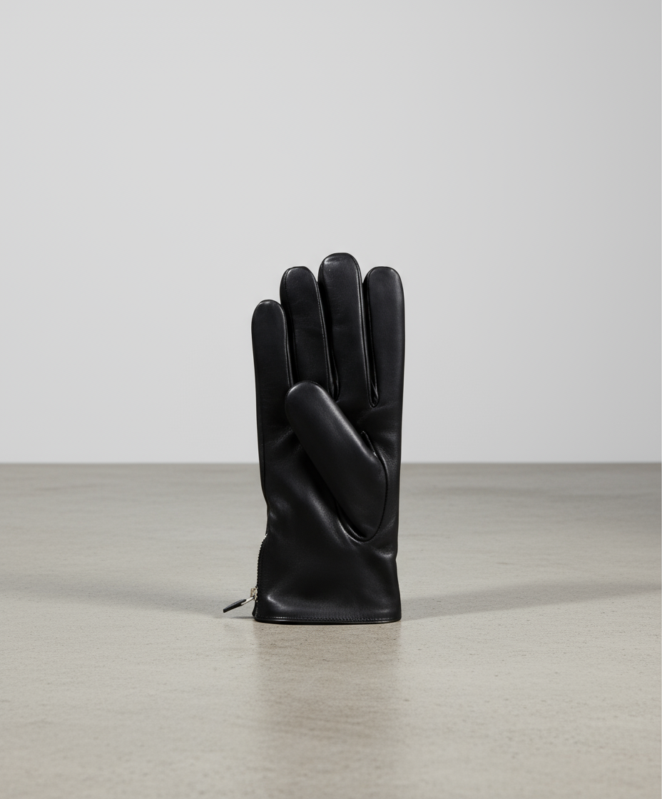 Black leather glove on a gray background
