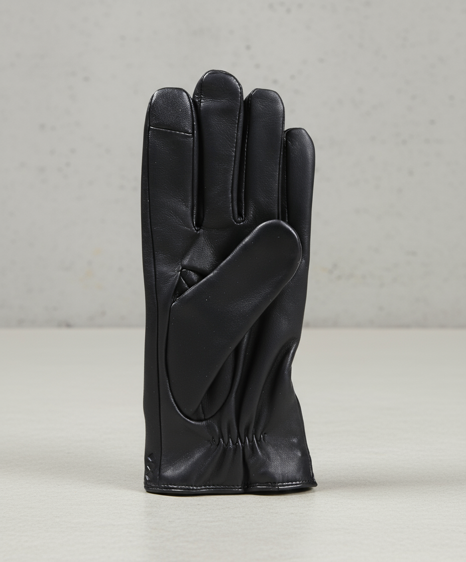 Black leather glove on a gray background