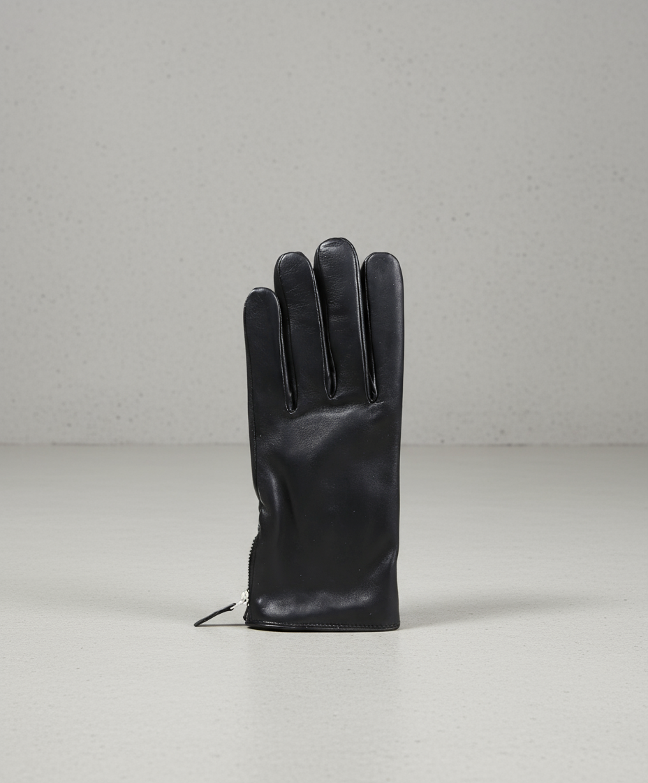 Black leather glove with a zipper on a gray background