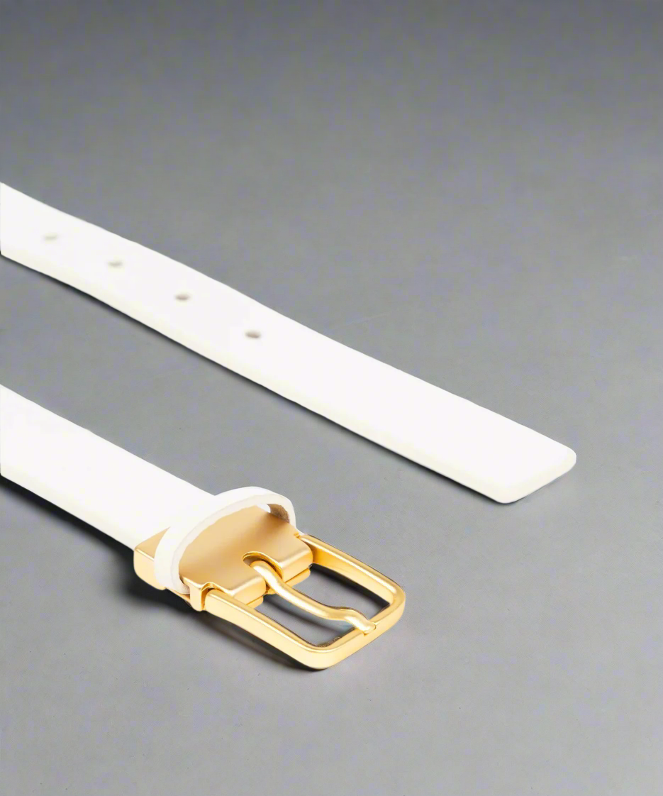 White belt with a gold buckle on a gray background