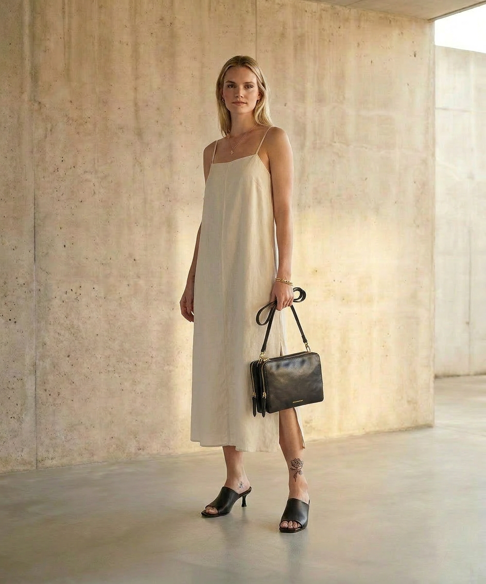 Woman in a white dress holding a black handbag in a minimalistic setting