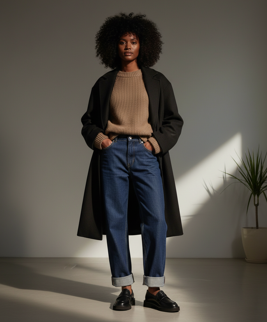 Person wearing a long dark coat, beige sweater, blue jeans, and black Royal RepubliQ Loafers, standing against a neutral background.