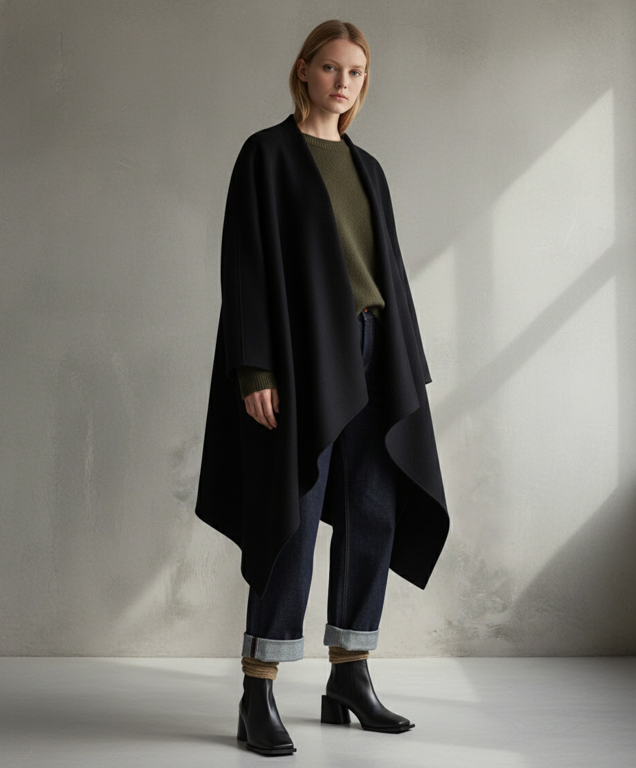 Model wearing Oversized black coat, blue jeans and Royal RepubliQ Luna Chelsea Boots on a gray back-ground