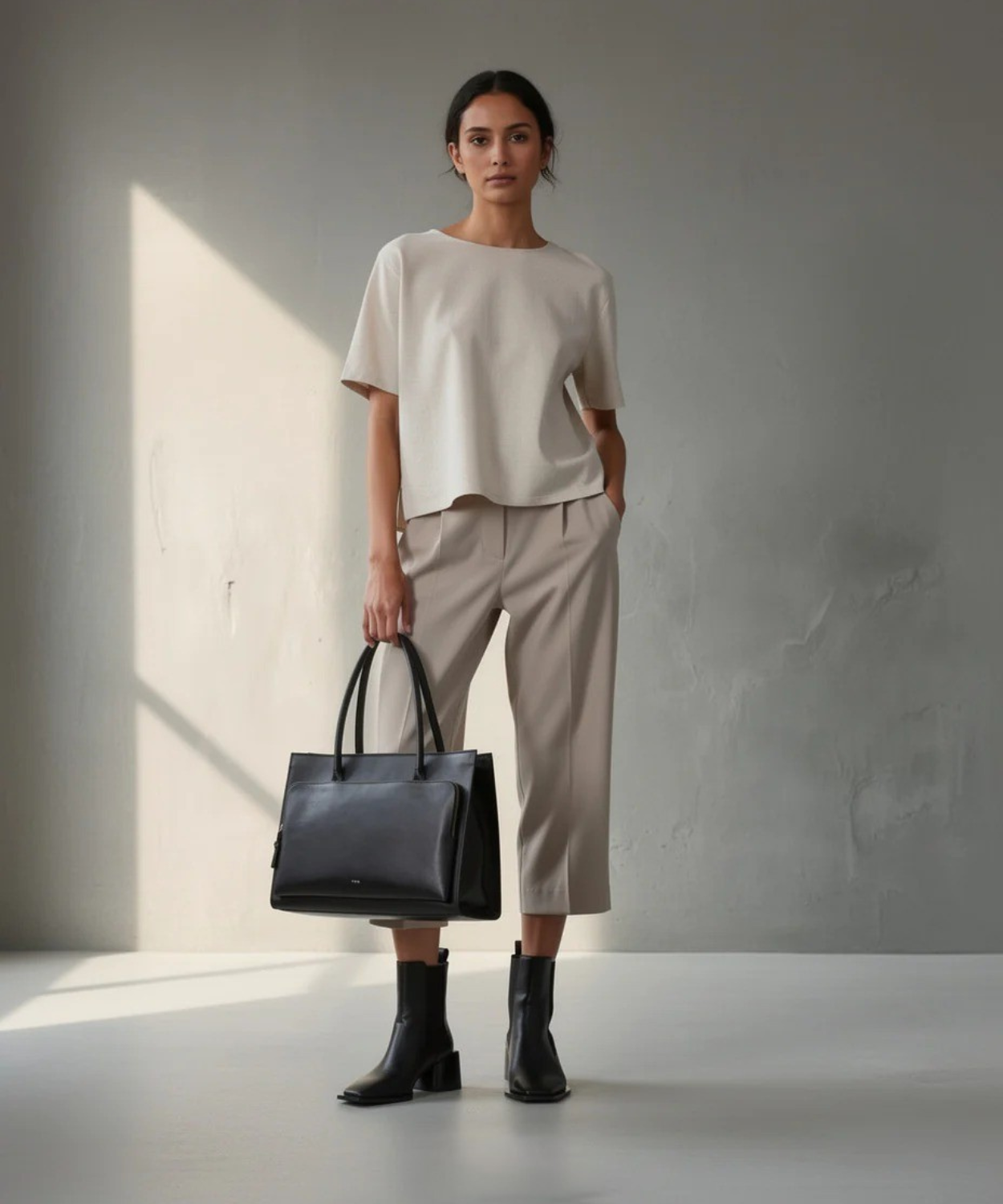 Woman holding a black Royal RepubliQ Mel Shopper bag in a minimalistic setting