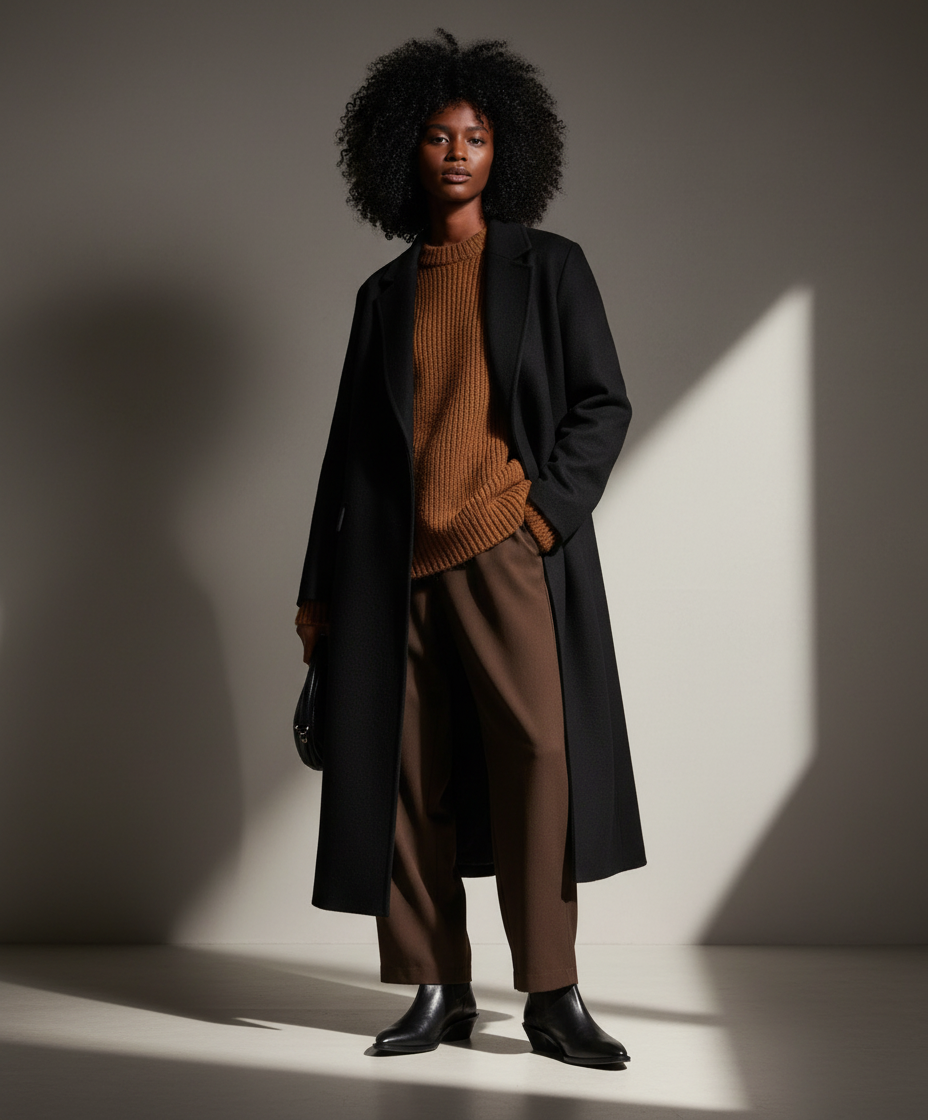 Dark skinned woman wearing a long black coat, brown sweater, brown pants and black Royal RepubliQ Chelsea boots in a studio setting with a neutral background.