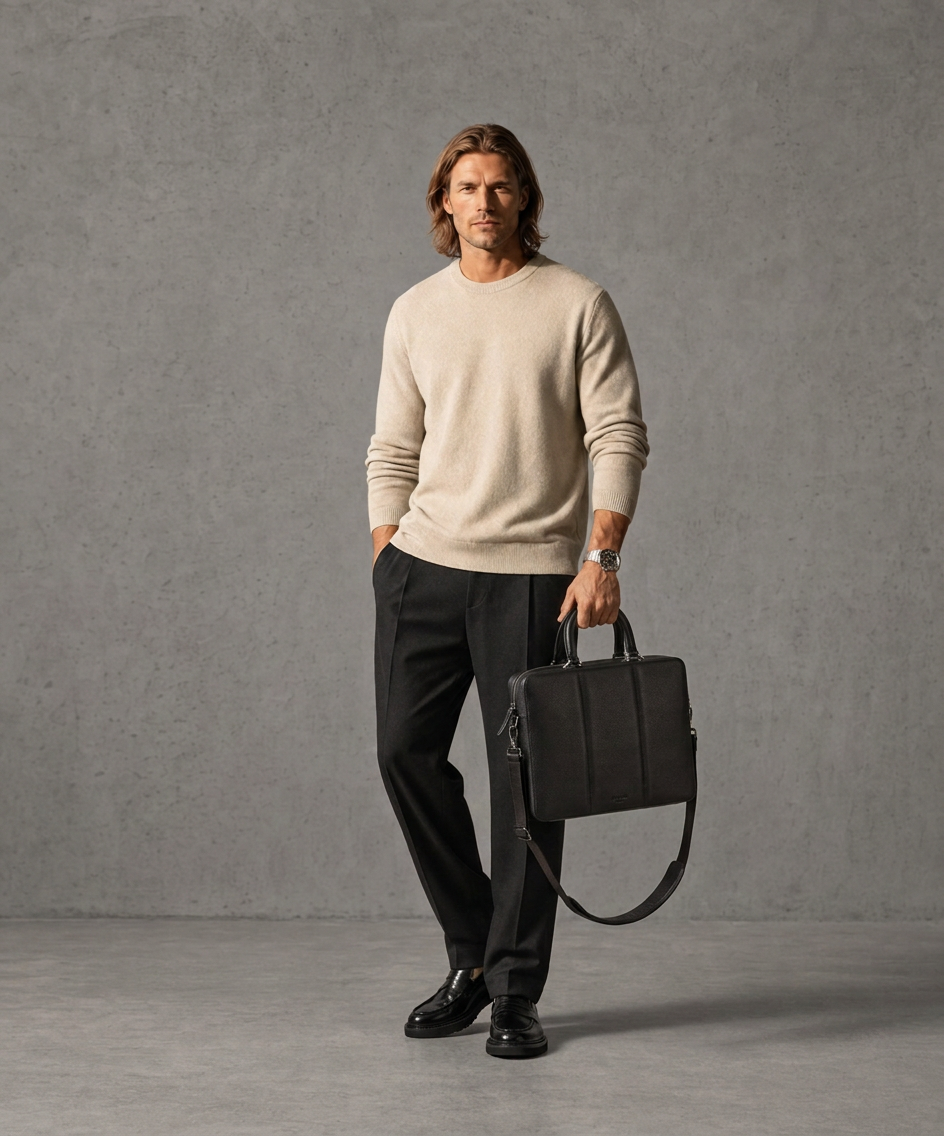 Man holding a black briefcase against a gray background