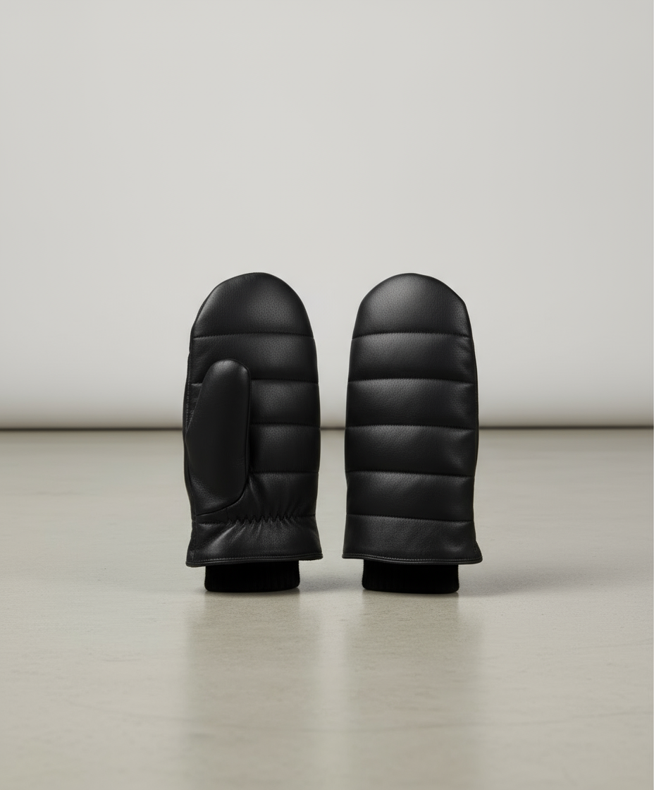 Pair of black puffer mittens on a gray background