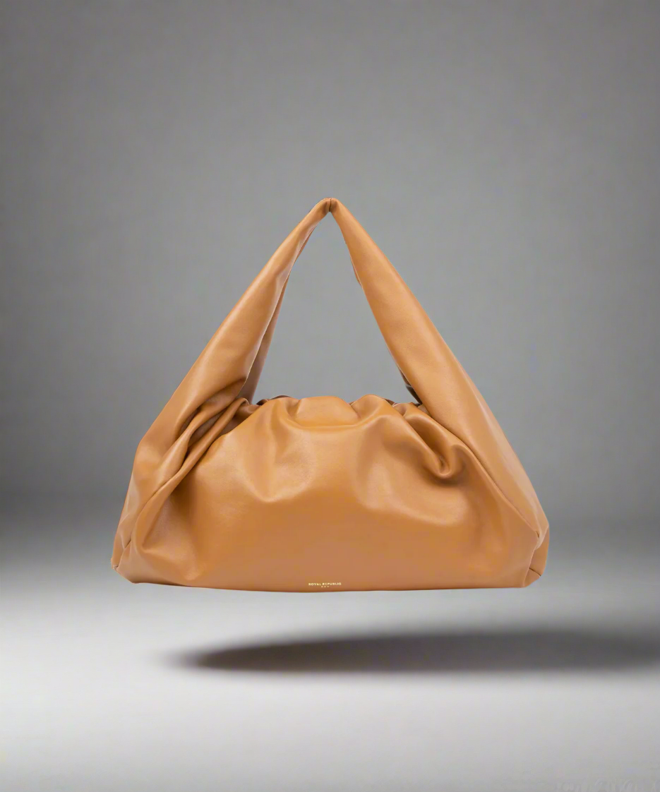 Brown/Tan leather handbag on a gray background