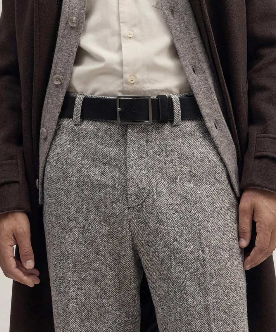 Person wearing a brown coat, white shirt, gray herringbone pants, and black ROYAL REPUBLIQ Suede belt.