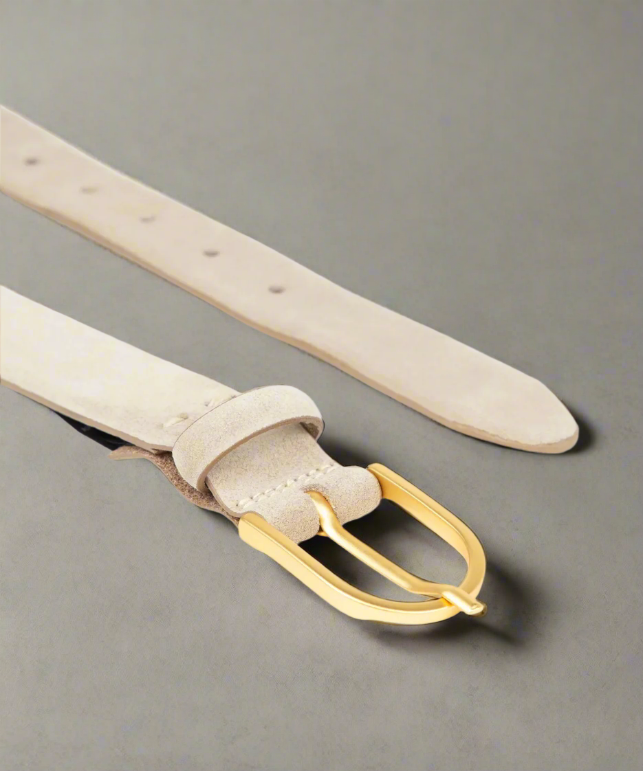 Sand Royal RepubliQ suede leather belt with a gold buckle on a gray background