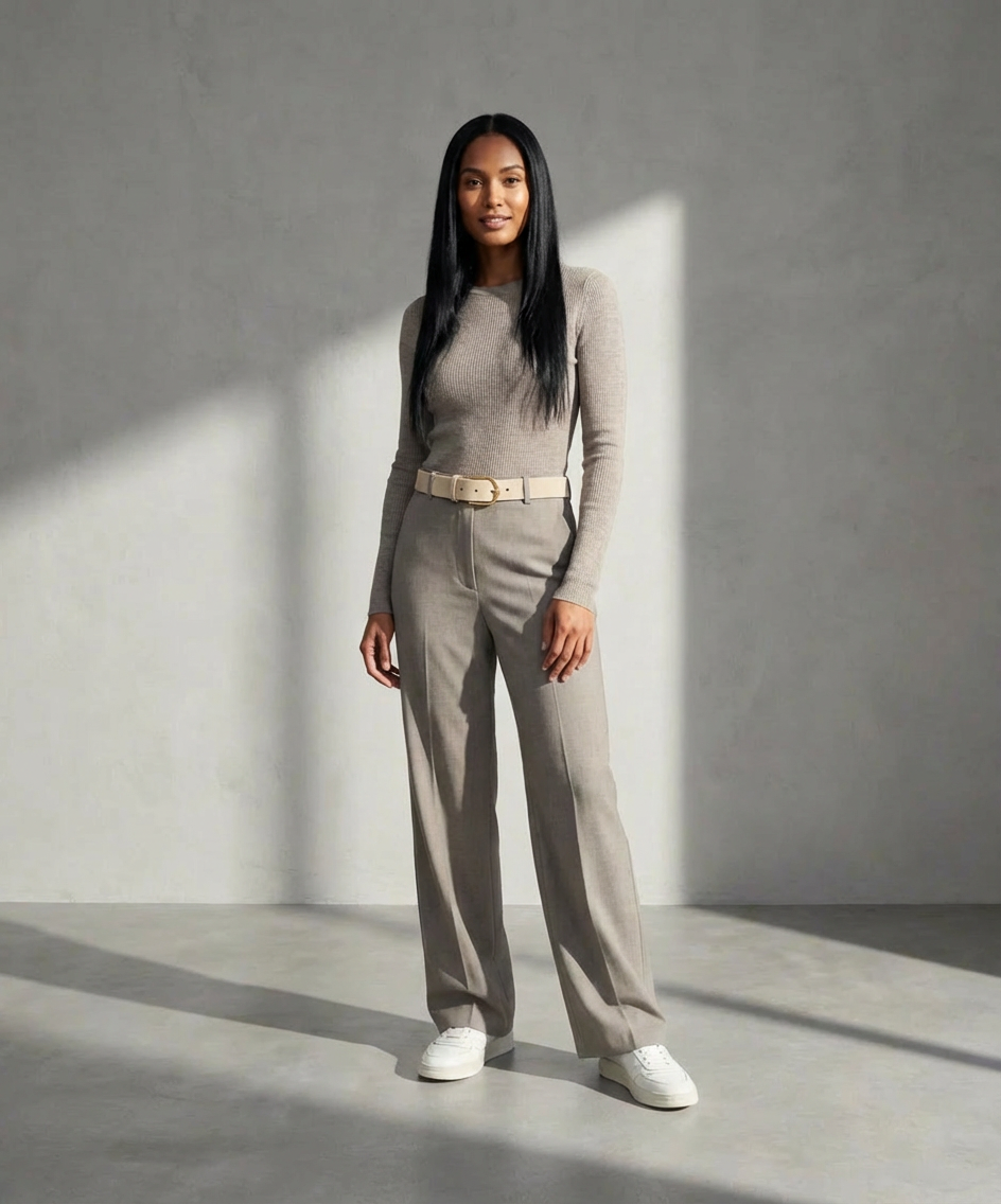 Woman wearing a gray outfit with a belt against a gray background