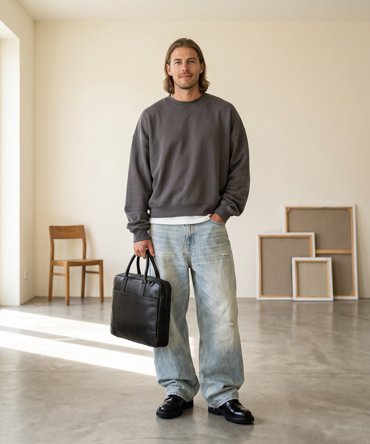 Royal RepubliQ Explorer Laptop Bag Single in black leather, carried by a man in an oversized basalt grey sweatshirt, baggy light-wash distressed jeans and polished black Bond Blox Polido derby shoes in a bright European apartment interior — contemporary lifestyle