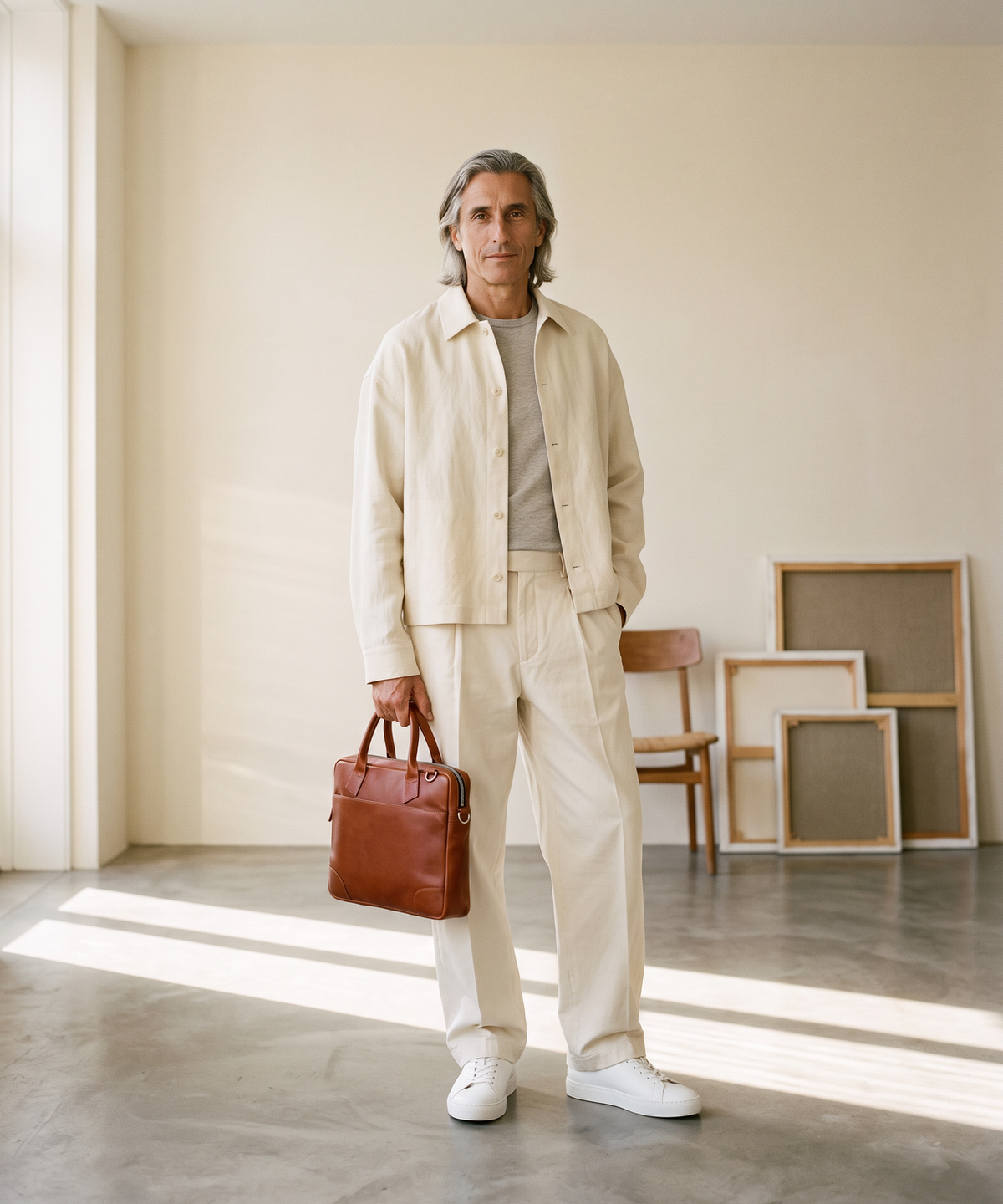Royal RepubliQ Nano Single Bag in cognac leather, carried by a man in a cream linen overshirt and wide cream pleated trousers in a bright European apartment interior — contemporary lifestyle