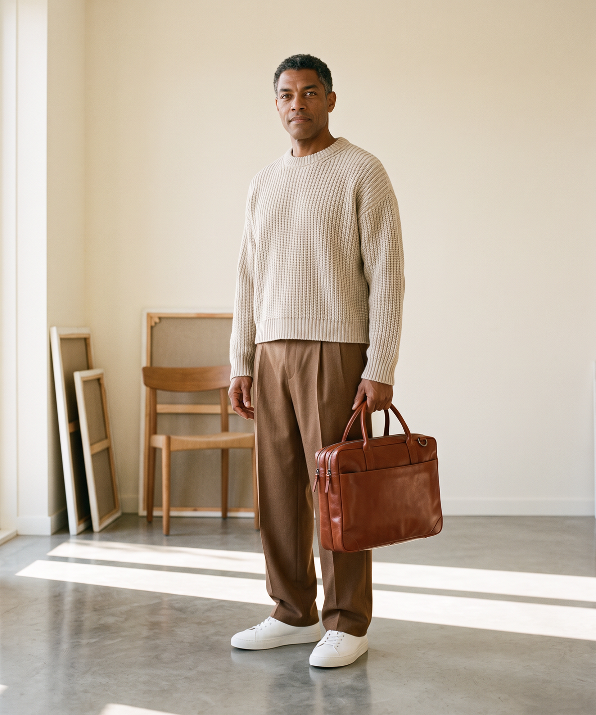 Royal RepubliQ Explorer Laptop Bag Double in cognac leather, carried by a man in a cream chunky knit sweater and brown pleated wool trousers in a bright European apartment interior — lifestyle